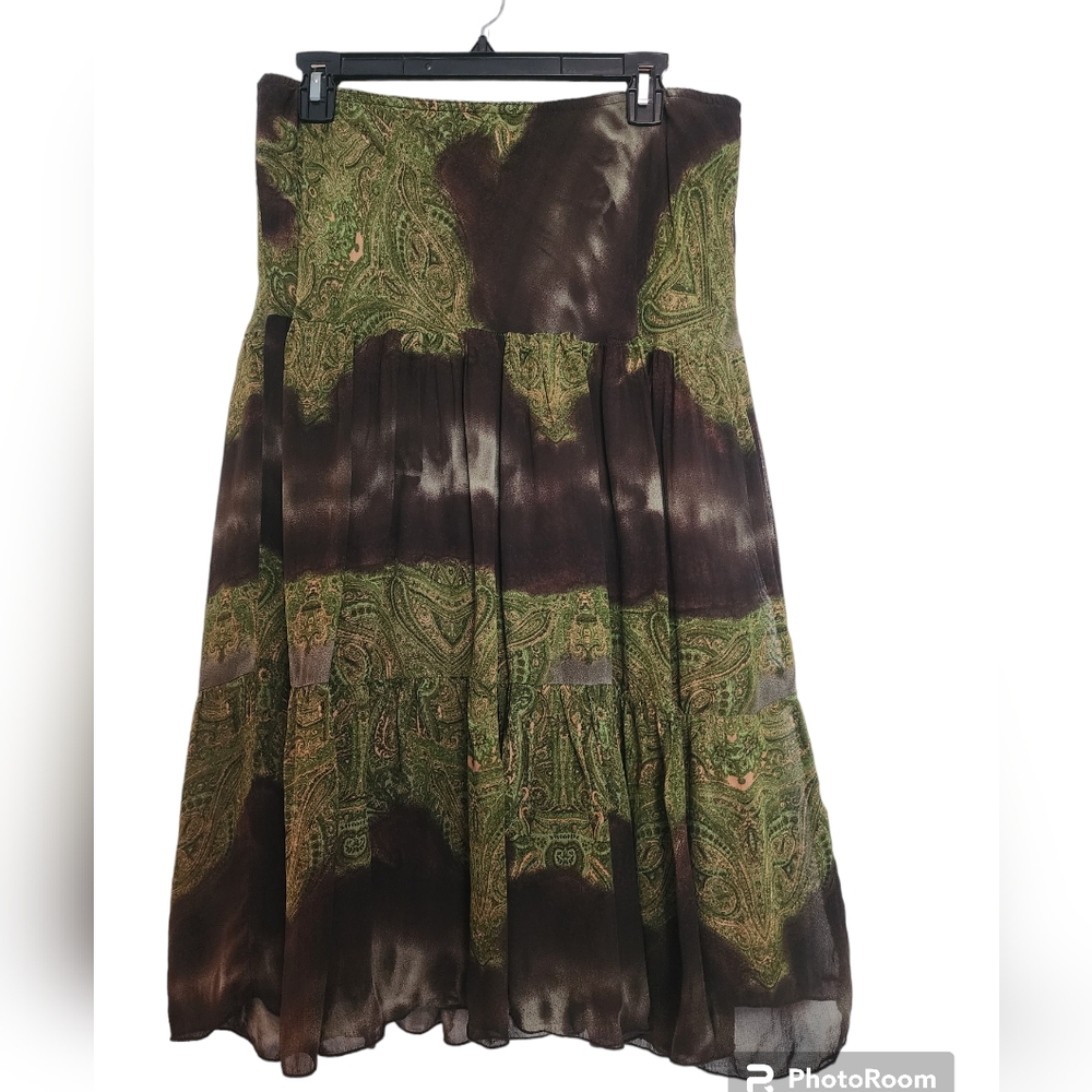 L'Amadei Green Paisley Brown Semi Sheer Lined Skirt SZ Large